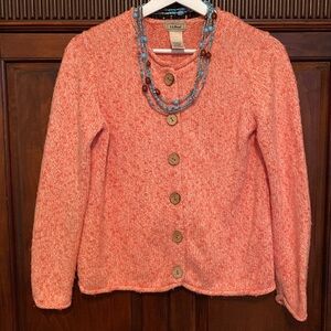 LL Bean 100% cotton  Coral Button-Up Cardigan wooden buttons slubby cotton knit